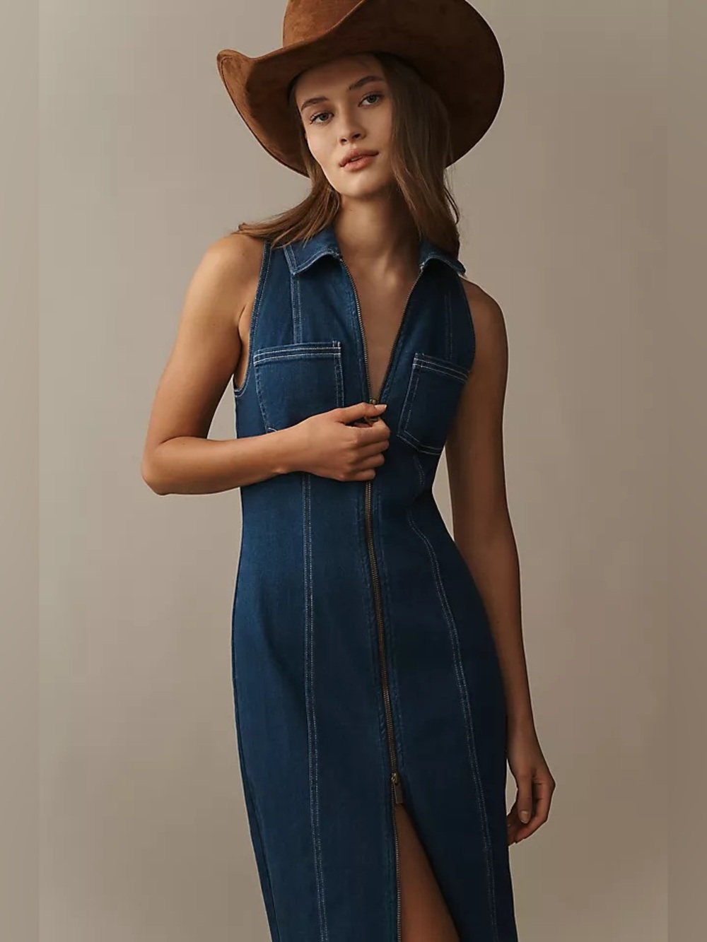 PILCRO • fitted denim midi dress sleeveless tank XXS cowgirl western anthro - Picture 2 of 8